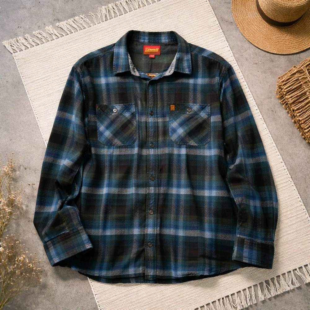 Coleman Men's Large 100% Cotton Long Sleeve Blue Plaid Flannel Shirt EUC